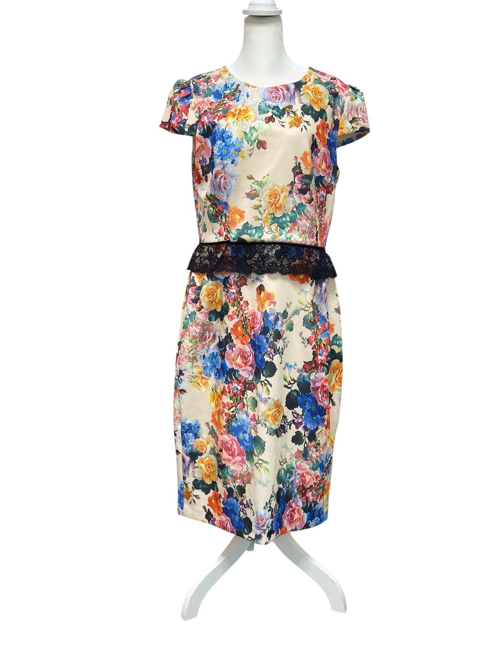 Betsey Johnson Floral Lace-Peplum Midi Dress in Cream and Multicolor